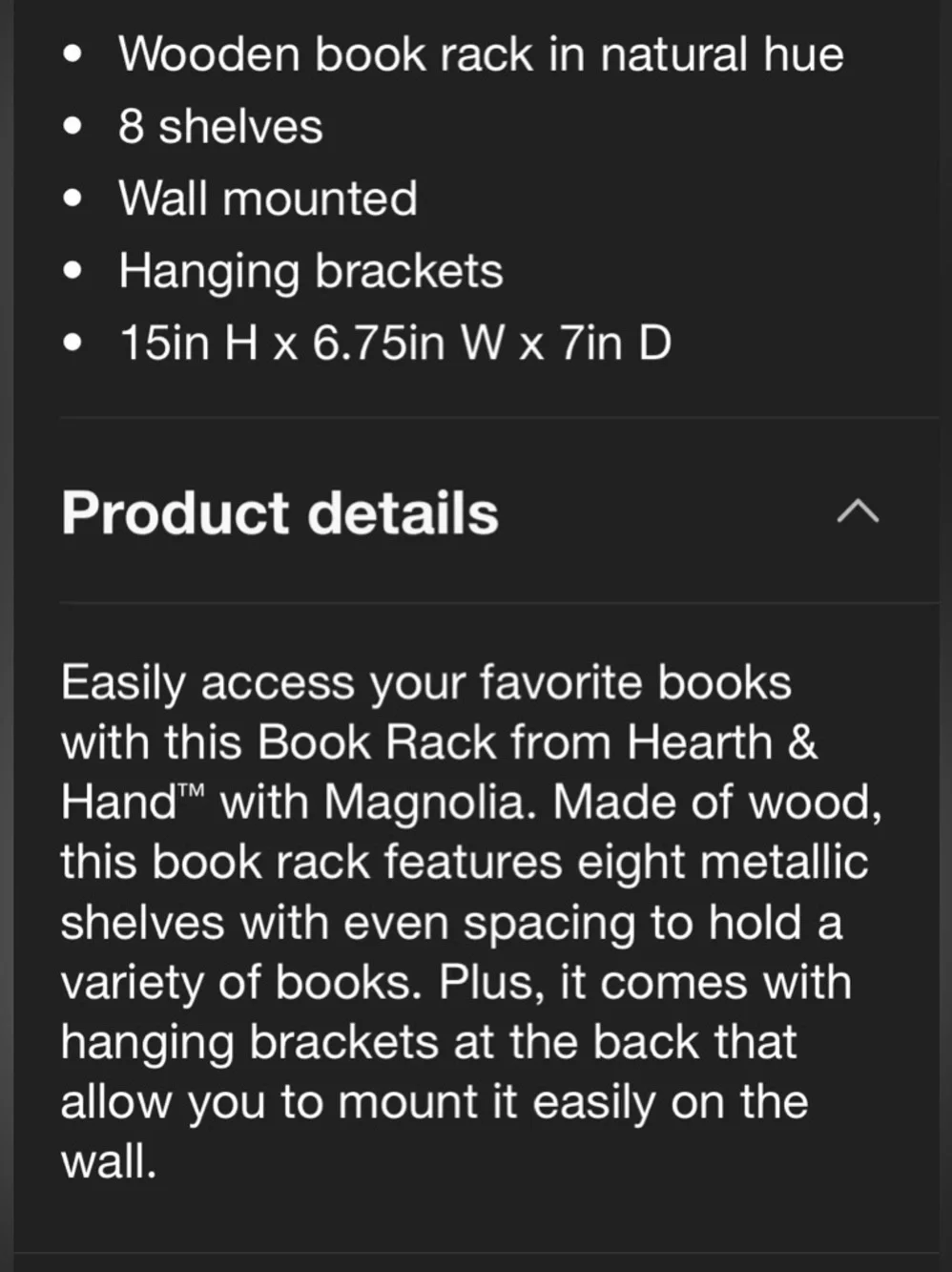 Hearth & Hand Wooden Wall Book Rack in Natural Brown with Metallic Shelves NIB